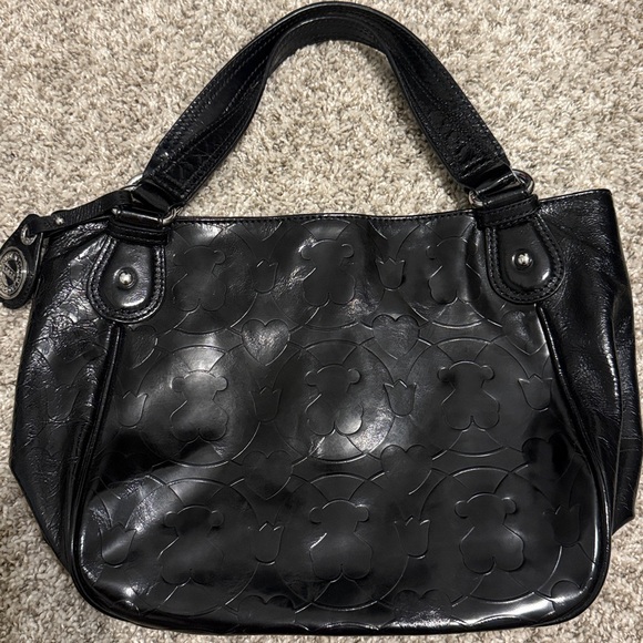 Tous Black Embossed Leather Shoulder Bag Hearts Bears Pattern - Picture 3 of 12